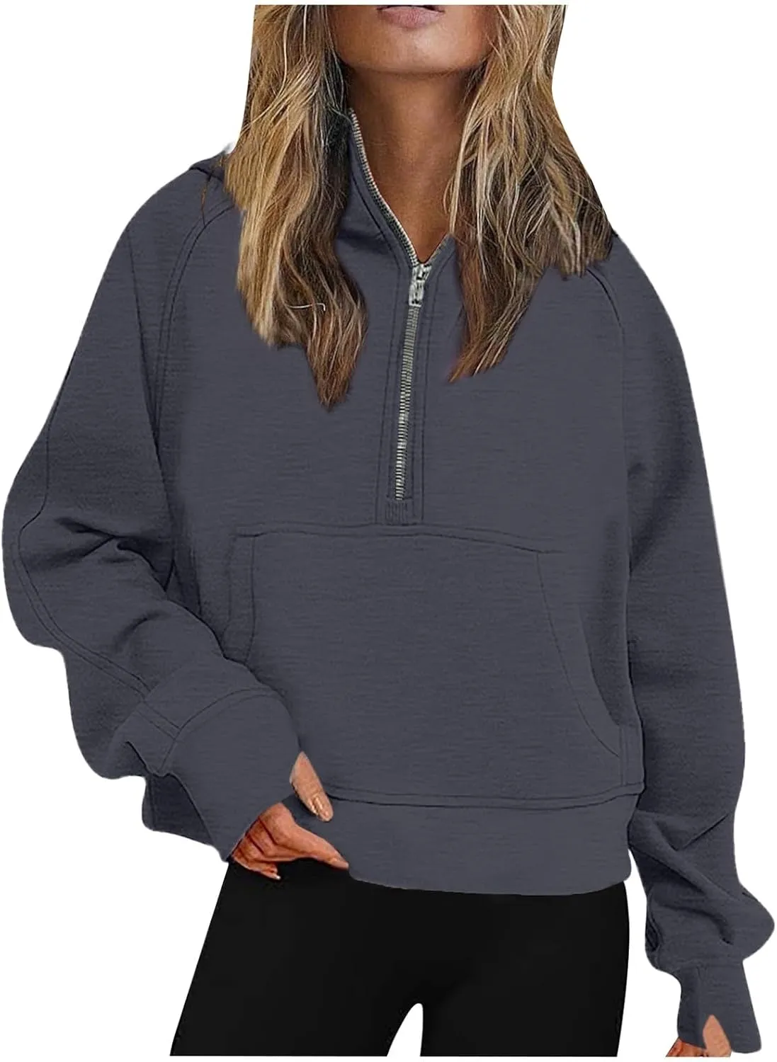 Womens Half Zip Cropped Pullover Tops Fleece Lined Hoodies Long Sleeve Hooded Sweatshirts with Pocket Fall Outfits