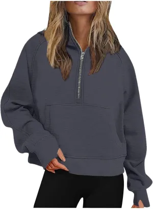 Womens Half Zip Cropped Pullover Tops Fleece Lined Hoodies Long Sleeve Hooded Sweatshirts with Pocket Fall Outfits