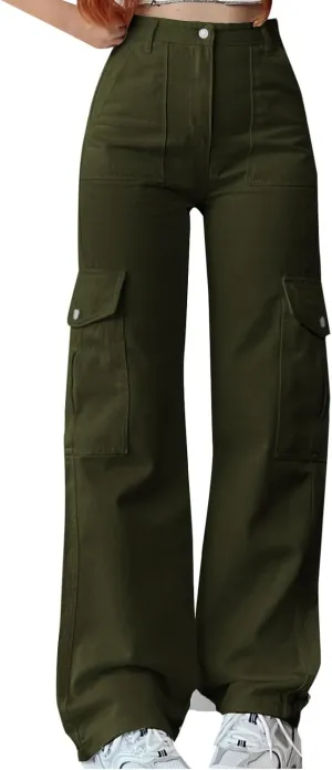 Women's High Waisted Cargo Pants Baggy High Waisted Parachute Pants with Pockets Wide Leg Y2K Streetwear Casual Pants