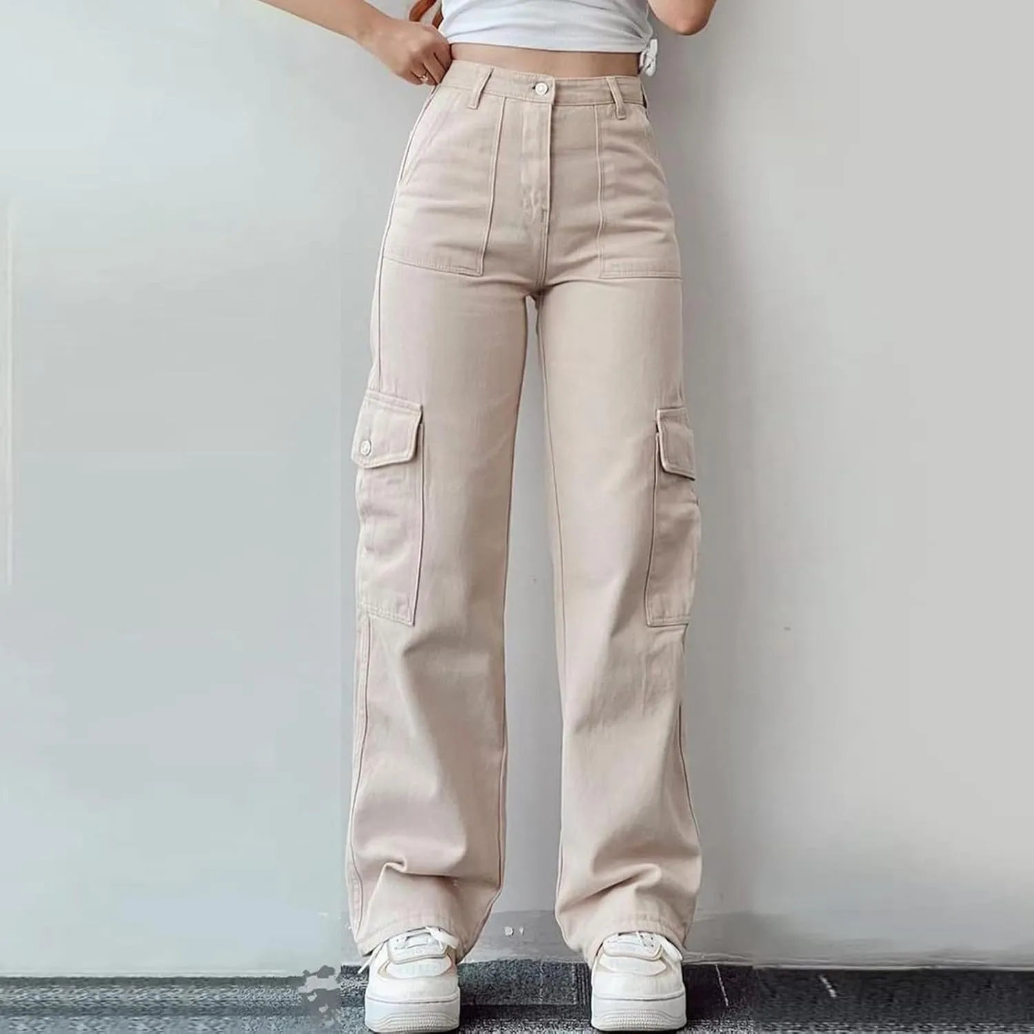 Women's High Waisted Cargo Pants Baggy High Waisted Parachute Pants with Pockets Wide Leg Y2K Streetwear Casual Pants