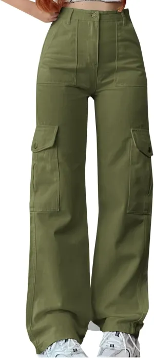 Women's High Waisted Cargo Pants Baggy High Waisted Parachute Pants with Pockets Wide Leg Y2K Streetwear Casual Pants