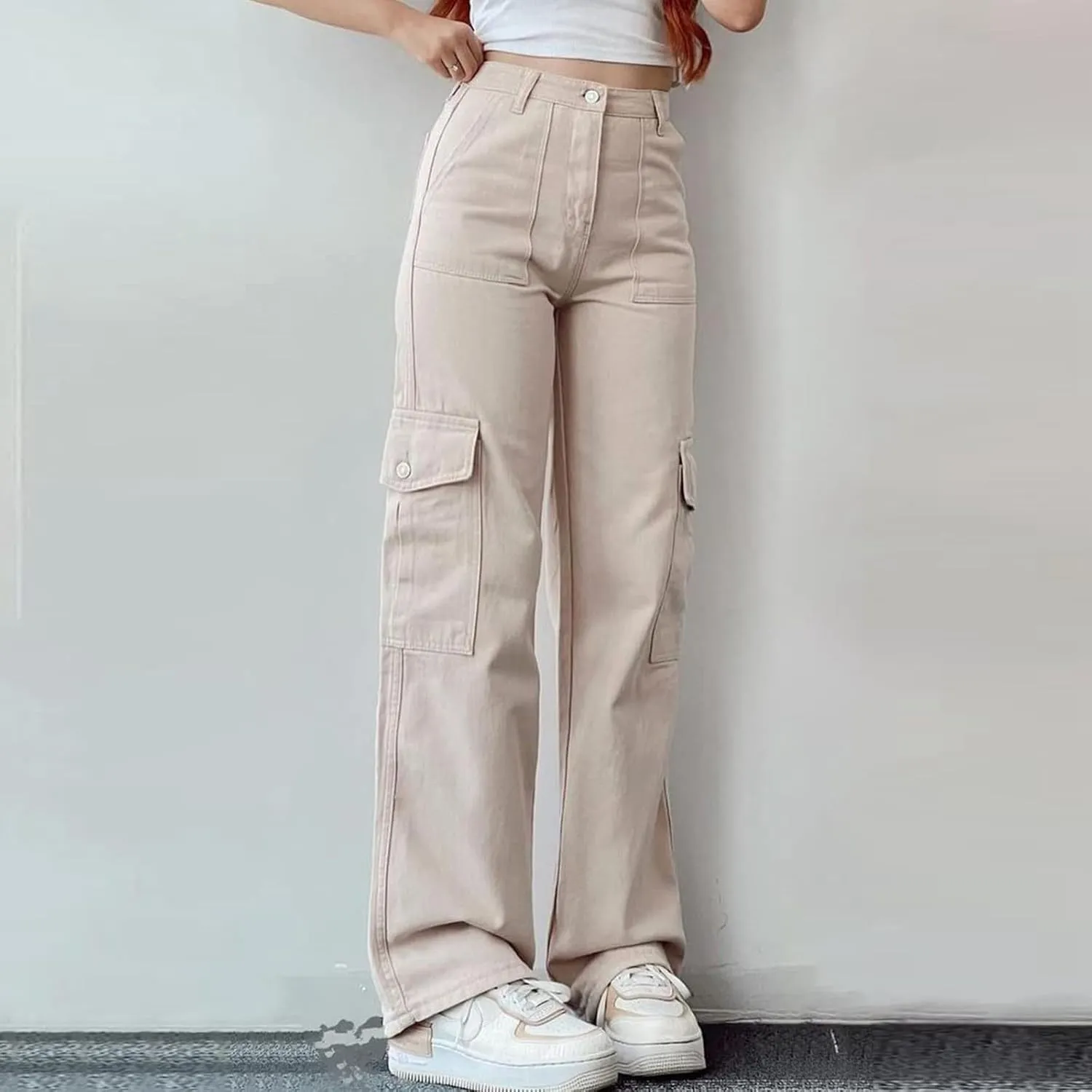 Women's High Waisted Cargo Pants Baggy High Waisted Parachute Pants with Pockets Wide Leg Y2K Streetwear Casual Pants
