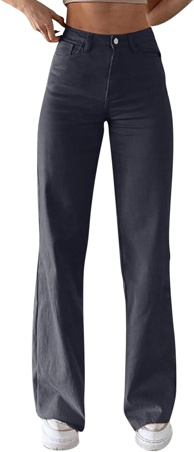 Women's High Waisted Jeans Baggy High Waisted Straight Leg Casual Denim Pants Trendy Stretch Denim Pants with Pockets
