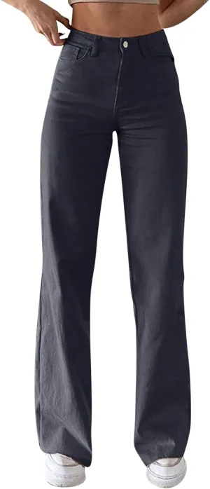 Women's High Waisted Jeans Baggy High Waisted Straight Leg Casual Denim Pants Trendy Stretch Denim Pants with Pockets