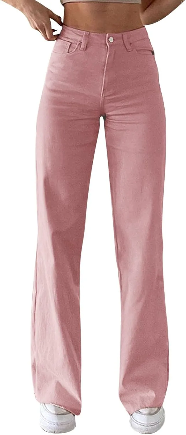 Women's High Waisted Jeans Baggy High Waisted Straight Leg Casual Denim Pants Trendy Stretch Denim Pants with Pockets