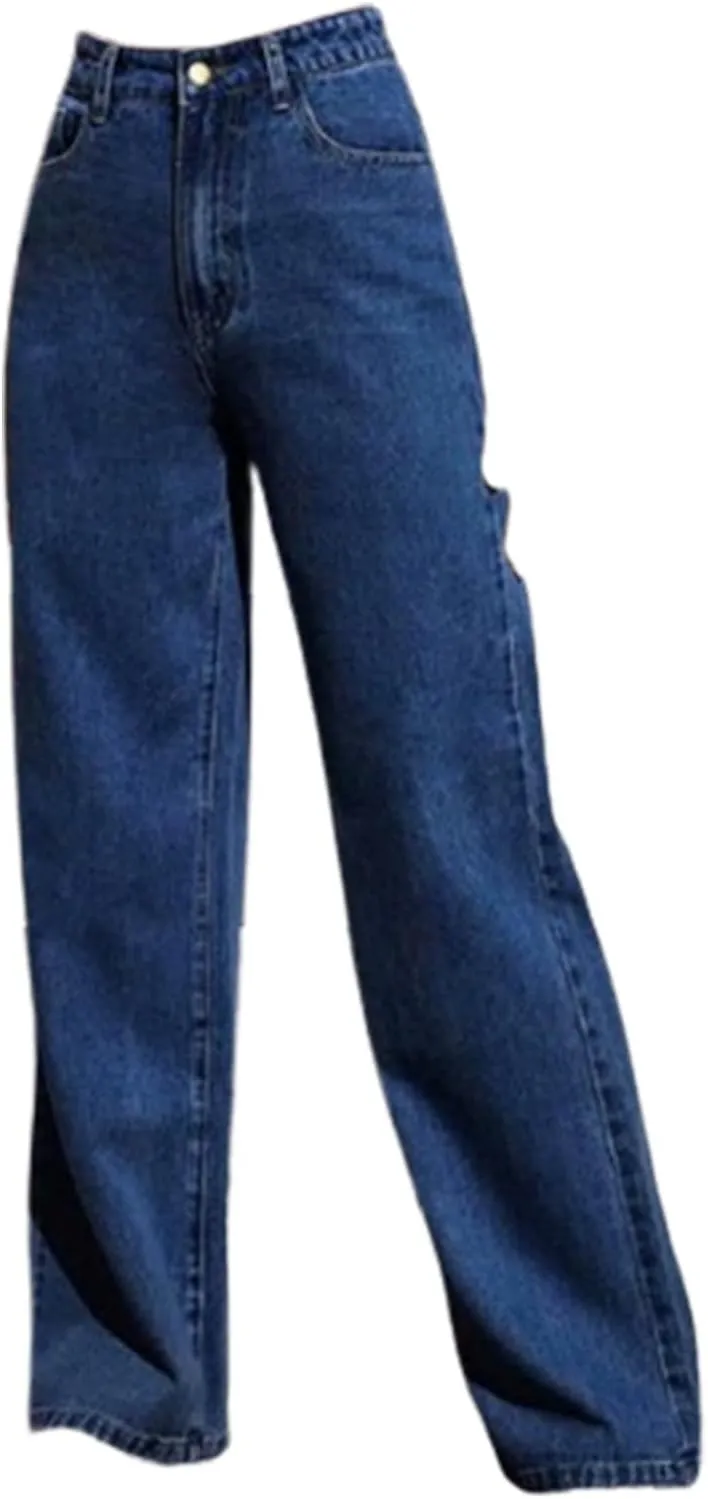 Women's High Waisted Jeans Baggy High Waisted Straight Leg Casual Denim Pants Trendy Stretch Denim Pants with Pockets