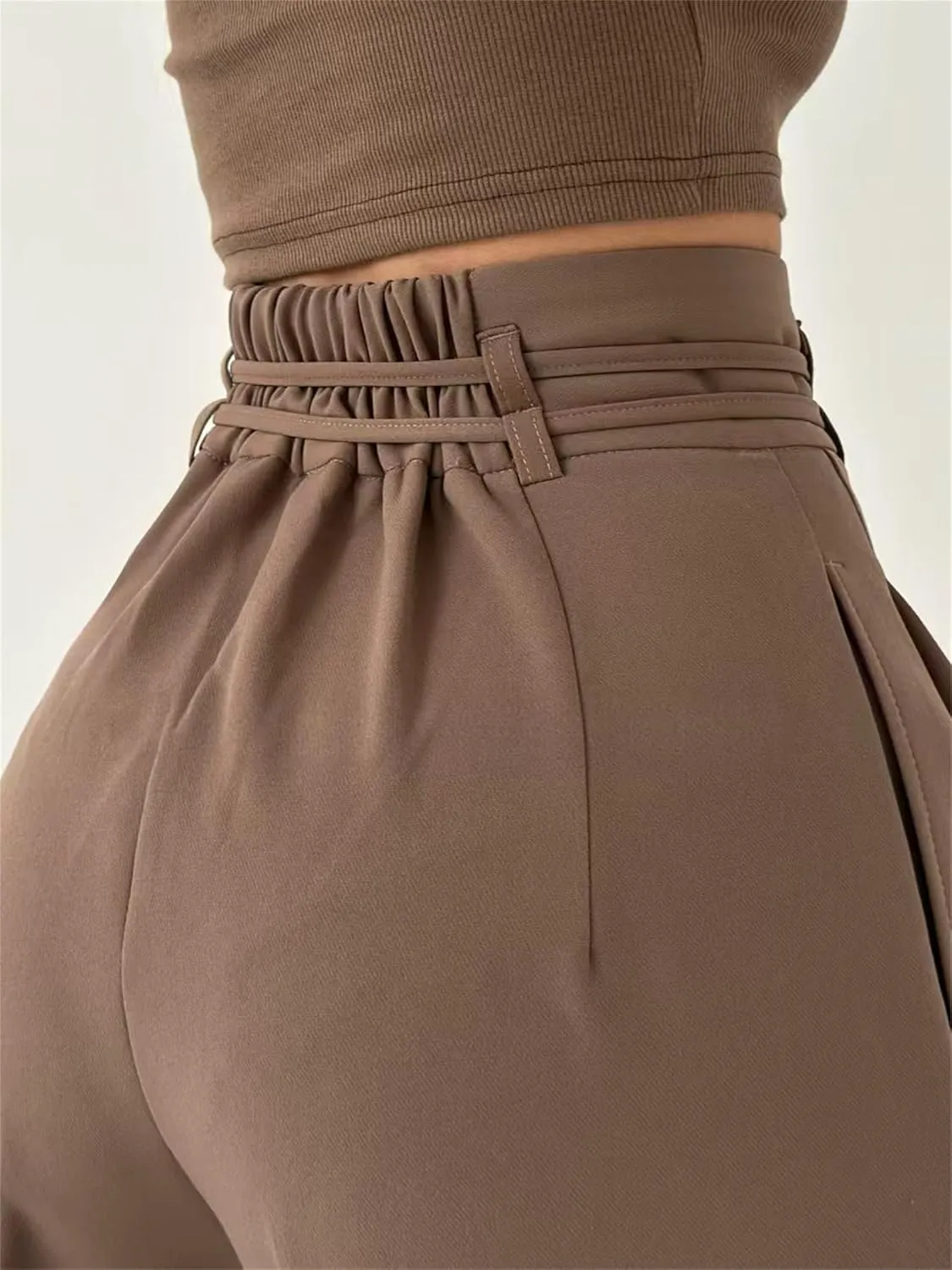Women's High-Waisted Tie-Neck Straight-Leg Trousers, Women's High Waisted Business Casual Trousers with Removable Belt