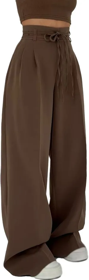 Women's High-Waisted Tie-Neck Straight-Leg Trousers, Women's High Waisted Business Casual Trousers with Removable Belt