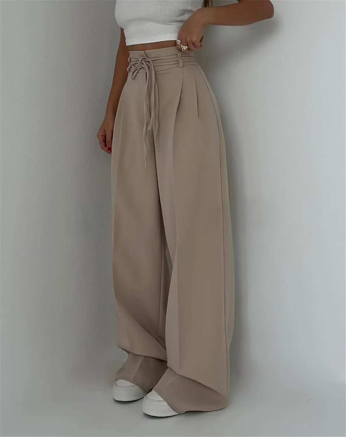 Women's High-Waisted Tie-Neck Straight-Leg Trousers, Women's High Waisted Business Casual Trousers with Removable Belt