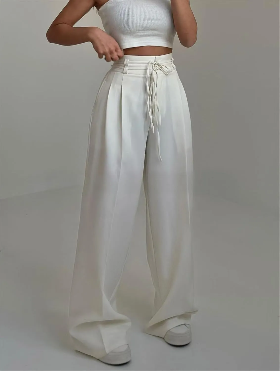 Women's High-Waisted Tie-Neck Straight-Leg Trousers, Women's High Waisted Business Casual Trousers with Removable Belt