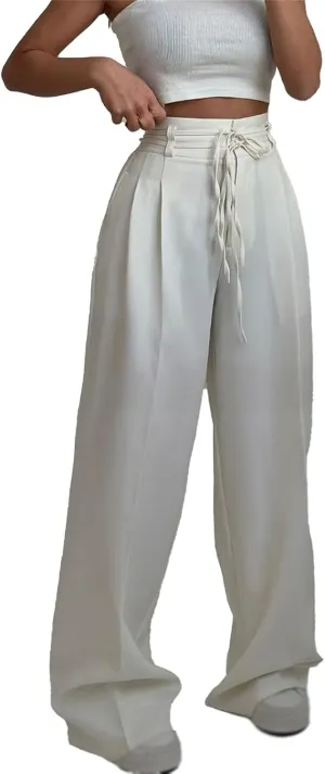 Women's High-Waisted Tie-Neck Straight-Leg Trousers, Women's High Waisted Business Casual Trousers with Removable Belt