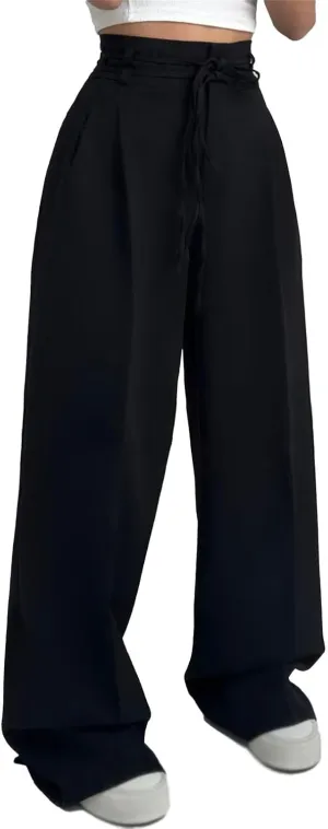 Women's High-Waisted Tie-Neck Straight-Leg Trousers, Women's High Waisted Business Casual Trousers with Removable Belt