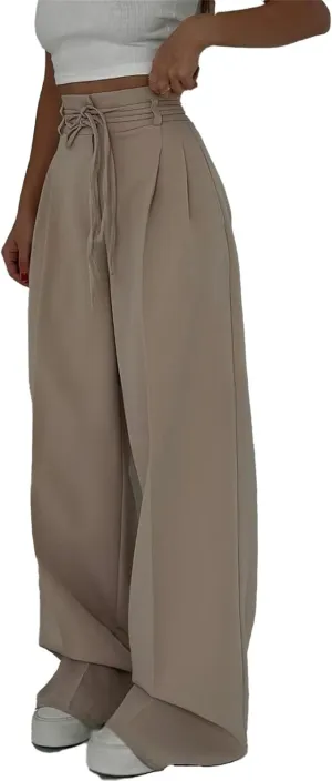 Women's High-Waisted Tie-Neck Straight-Leg Trousers, Women's High Waisted Business Casual Trousers with Removable Belt