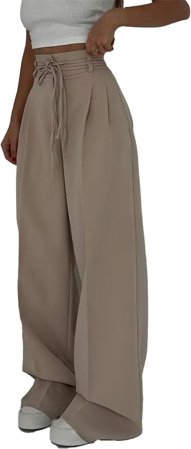 Women's High-Waisted Tie-Neck Straight-Leg Trousers, Women's High Waisted Business Casual Trousers with Removable Belt