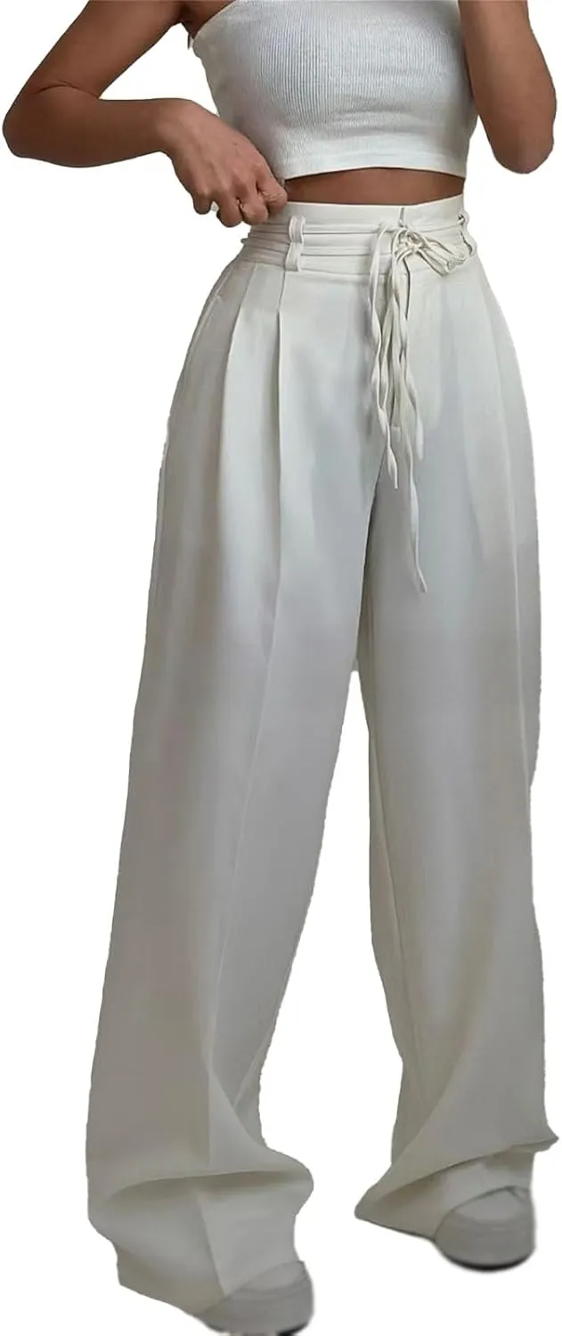 Women's High-Waisted Tie-Neck Straight-Leg Trousers, Women's High Waisted Business Casual Trousers with Removable Belt