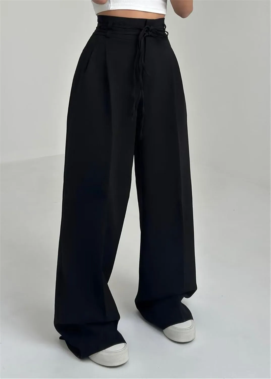 Women's High-Waisted Tie-Neck Straight-Leg Trousers, Women's High Waisted Business Casual Trousers with Removable Belt