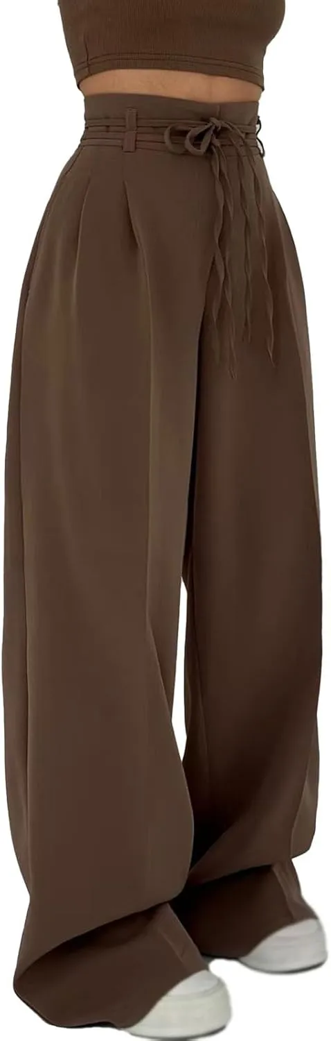 Women's High-Waisted Tie-Neck Straight-Leg Trousers, Women's High Waisted Business Casual Trousers with Removable Belt