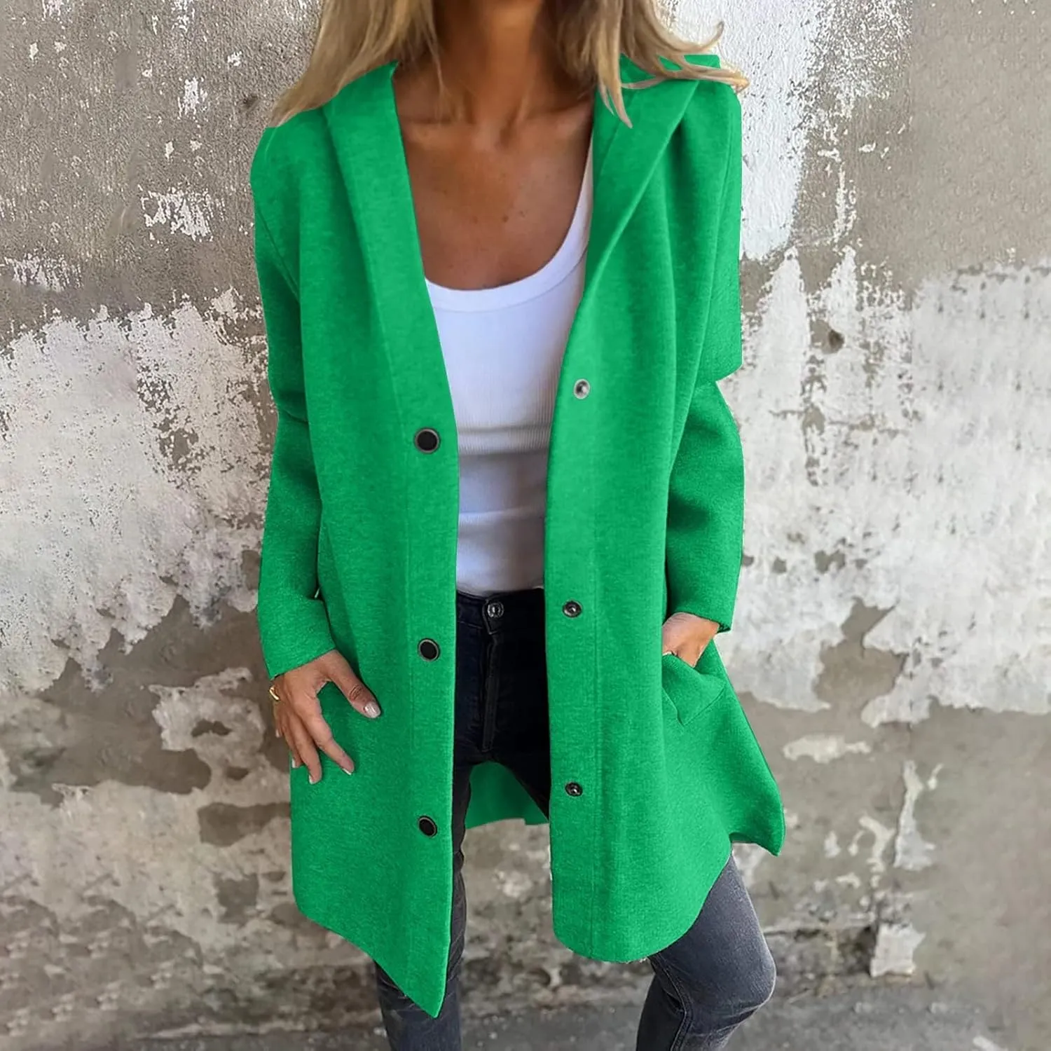 Womens Jackets Casual Single Breasted Hooded Jacket Lapel Neck Long Sleeve Solid Cardigans Trench Coat for Women 2024