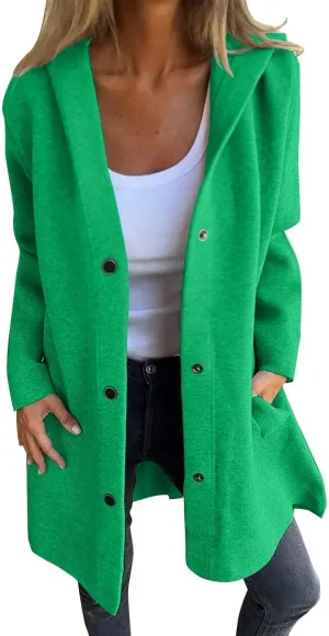 Womens Jackets Casual Single Breasted Hooded Jacket Lapel Neck Long Sleeve Solid Cardigans Trench Coat for Women 2024