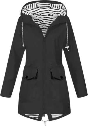 Womens Jackets Long Sleeve Mid-Length Full Zip Casual Hooded Jacket Waterproof Windproof Outdoor Coats with Pockets