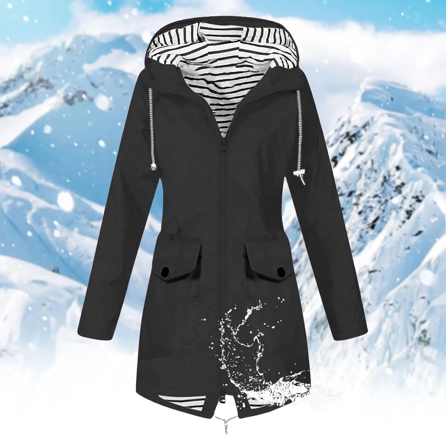 Womens Jackets Long Sleeve Mid-Length Full Zip Casual Hooded Jacket Waterproof Windproof Outdoor Coats with Pockets