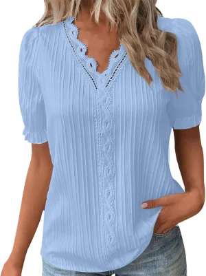 Womens Lace V Neck Shirts Fashion Plain Elegant Short Sleeve Blouses Soft Casual Workout T-Shirts Fall 2024 Trendy Tops
