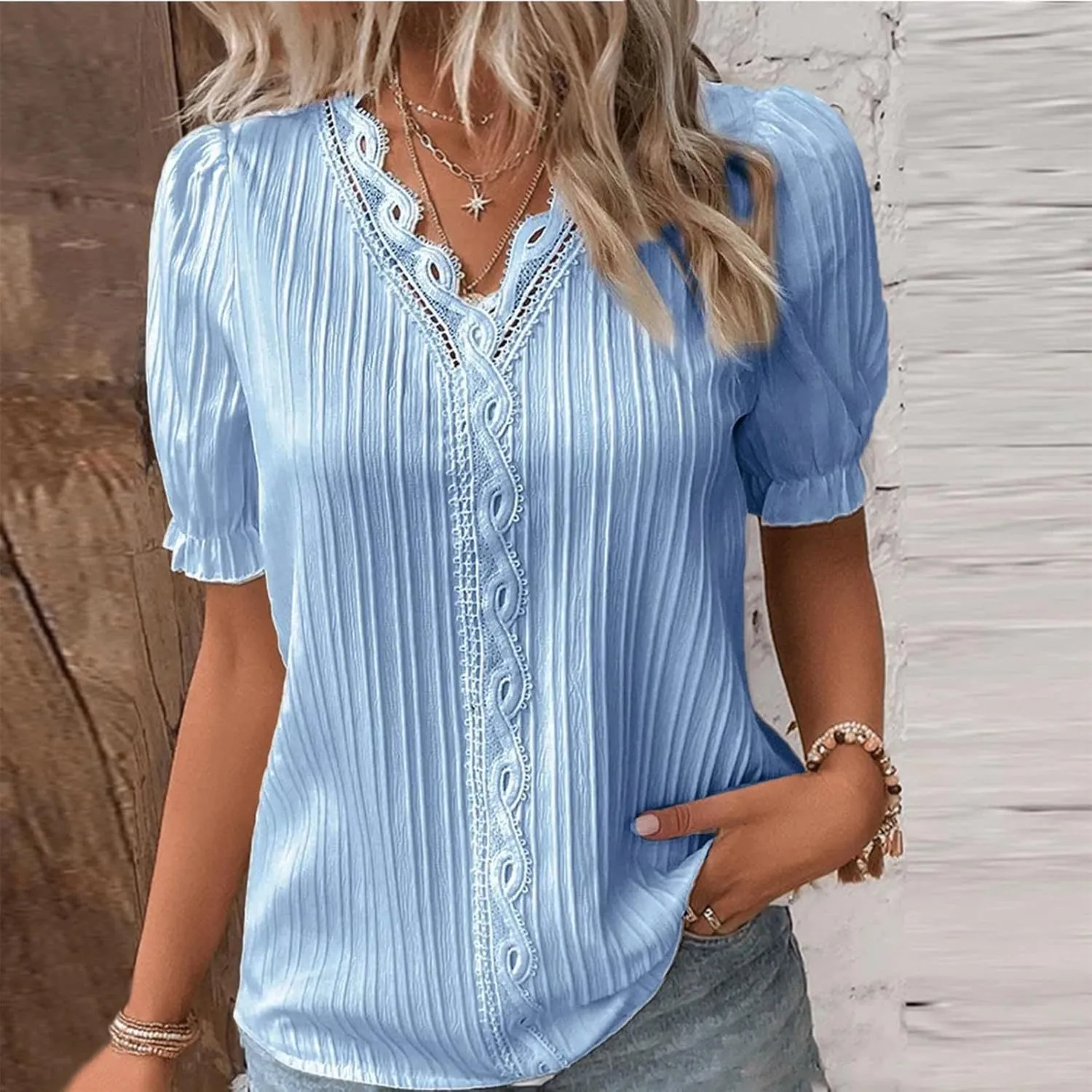 Womens Lace V Neck Shirts Fashion Plain Elegant Short Sleeve Blouses Soft Casual Workout T-Shirts Fall 2024 Trendy Tops