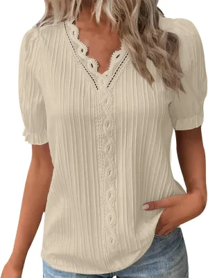 Womens Lace V Neck Shirts Fashion Plain Elegant Short Sleeve Blouses Soft Casual Workout T-Shirts Fall 2024 Trendy Tops