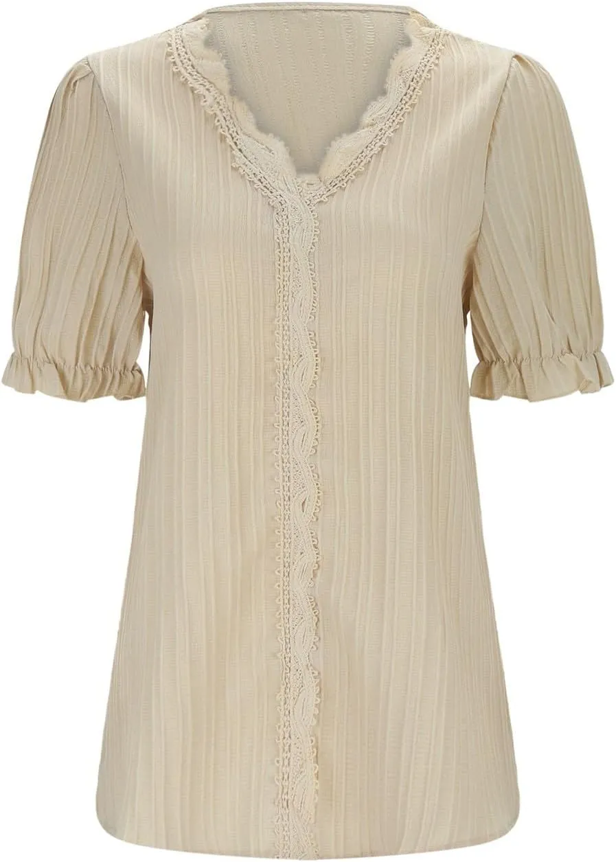 Womens Lace V Neck Shirts Fashion Plain Elegant Short Sleeve Blouses Soft Casual Workout T-Shirts Fall 2024 Trendy Tops