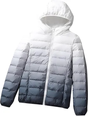 Womens Lightweight Packable Puffer Jackets Comfy Snug Down Jackets Gradient Color Zip Up Long Sleeve Hooded Coat with Pockets