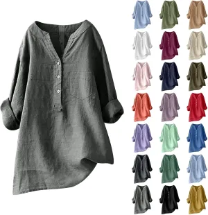 Women's Linen Button Down Shirts Short Sleeve V Neck Tshirts Summer Plain Blouses Casual Loose Fit Tunic Tops Outfits
