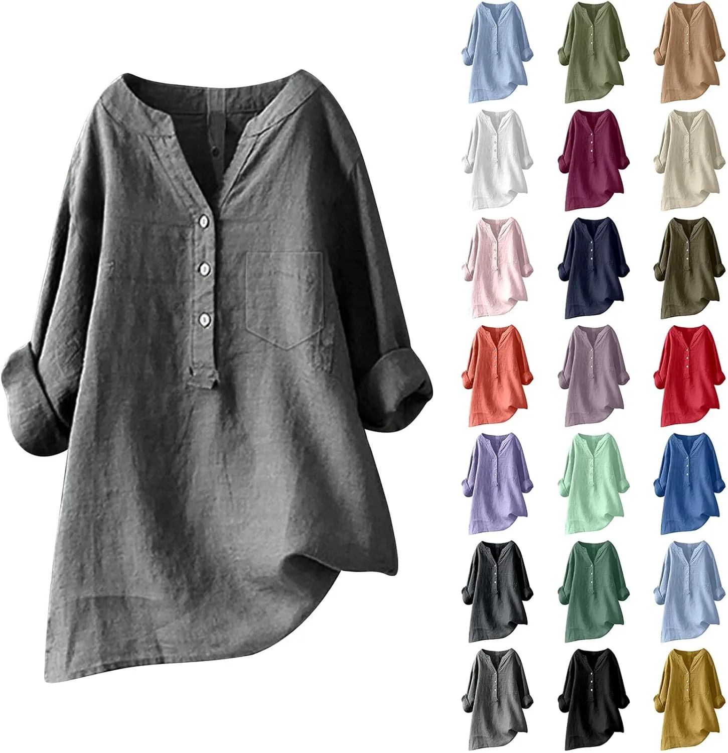 Women's Linen Button Down Shirts Short Sleeve V Neck Tshirts Summer Plain Blouses Casual Loose Fit Tunic Tops Outfits