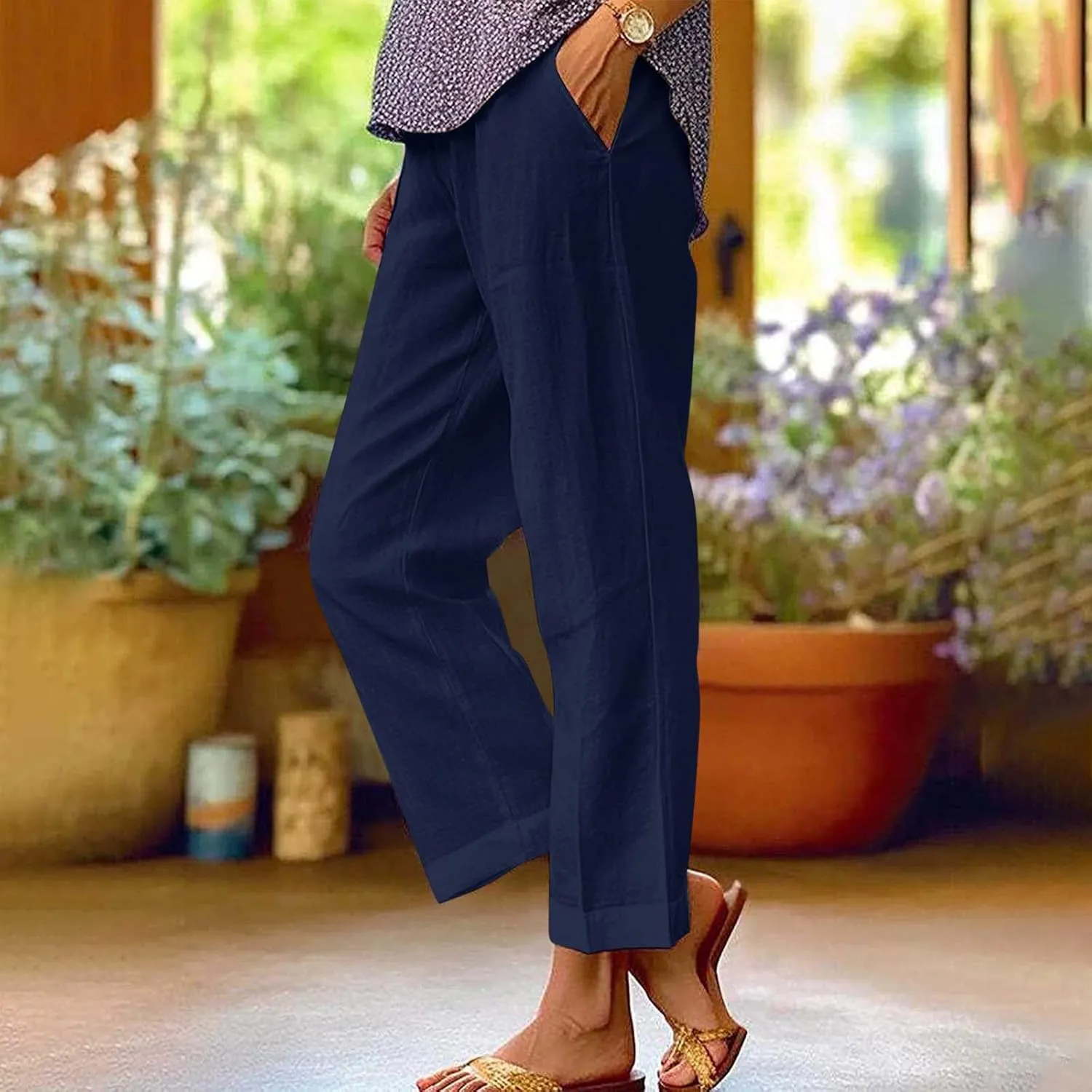 Womens Linen Pants Casual Lightweight Elastic Waist Pants Summer Wide Leg Work Pant Loose Beach Trousers with Pockets