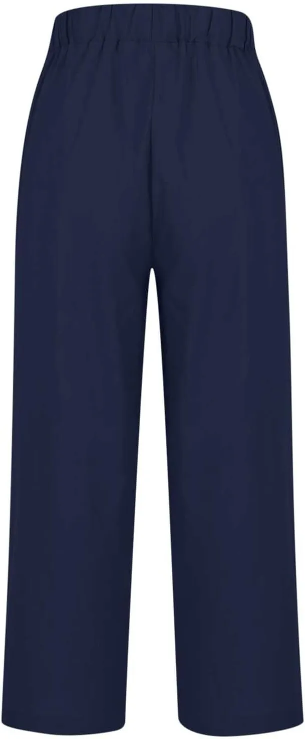 Womens Linen Pants Casual Lightweight Elastic Waist Pants Summer Wide Leg Work Pant Loose Beach Trousers with Pockets