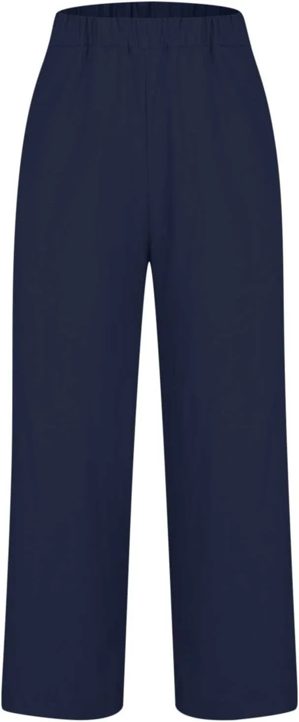 Womens Linen Pants Casual Lightweight Elastic Waist Pants Summer Wide Leg Work Pant Loose Beach Trousers with Pockets