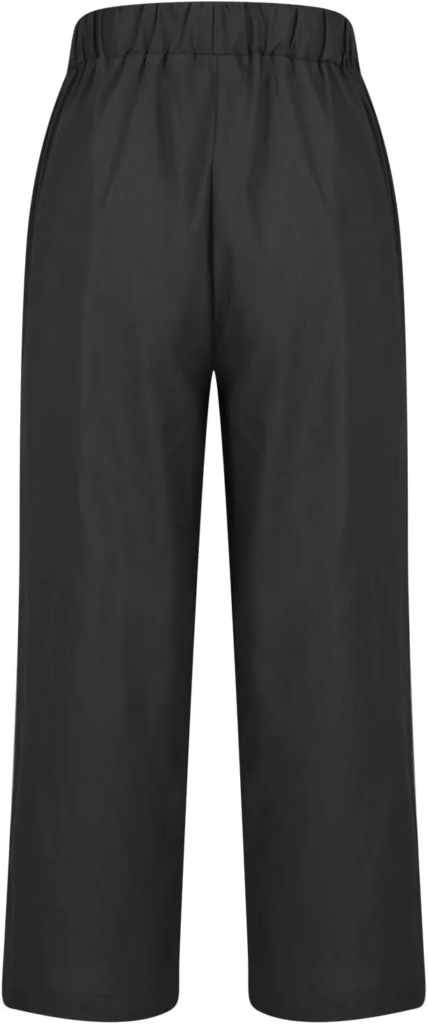 Womens Linen Pants Casual Lightweight Elastic Waist Pants Summer Wide Leg Work Pant Loose Beach Trousers with Pockets
