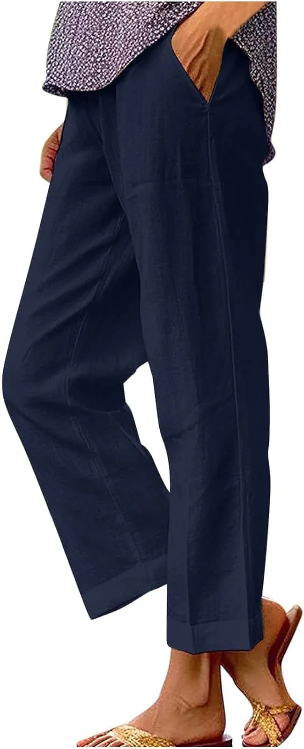 Womens Linen Pants Casual Lightweight Elastic Waist Pants Summer Wide Leg Work Pant Loose Beach Trousers with Pockets