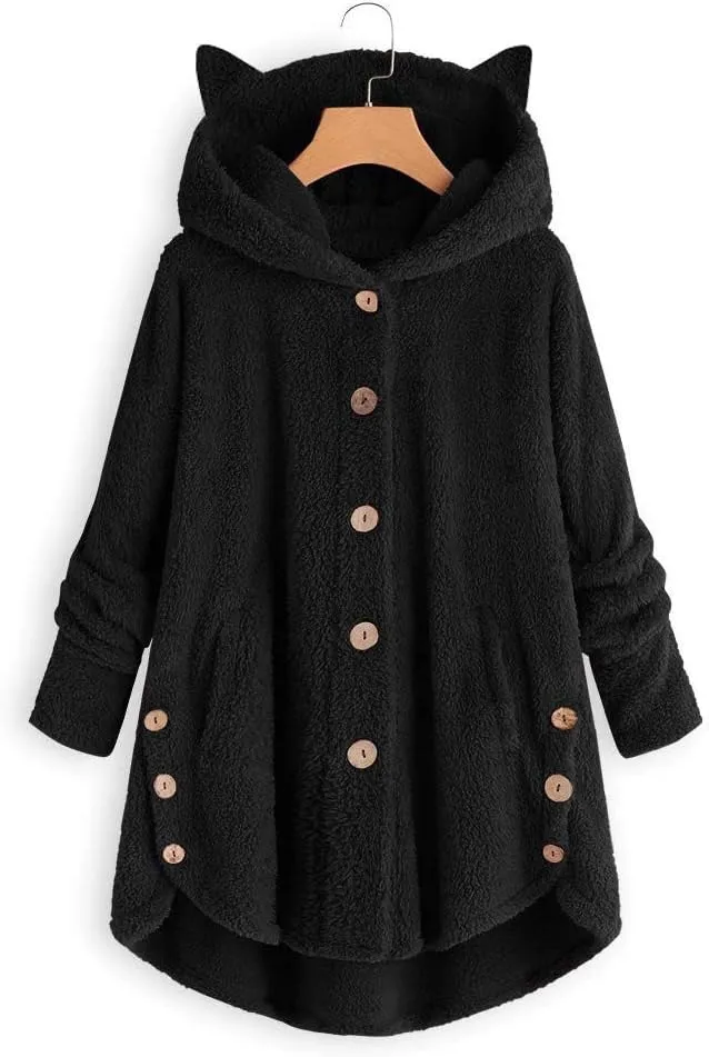 Women's Long Sleeve Hoodies Coat Cat Ear Cap Plush Tops Casual Loose Plus Size Button Stitching Pullover Sweaters