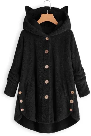 Women's Long Sleeve Hoodies Coat Cat Ear Cap Plush Tops Casual Loose Plus Size Button Stitching Pullover Sweaters