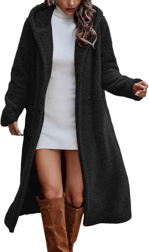 Womens Long Sleeve Jackets Sherpa Lined Solid Color Fuzzy Fleece Open Front Long Jacket Oversized Hooded Cardigan