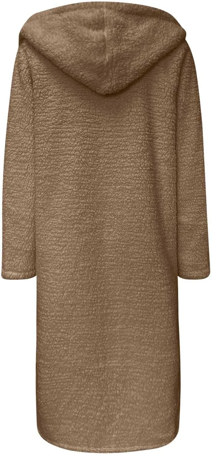 Womens Long Sleeve Jackets Sherpa Lined Solid Color Fuzzy Fleece Open Front Long Jacket Oversized Hooded Cardigan