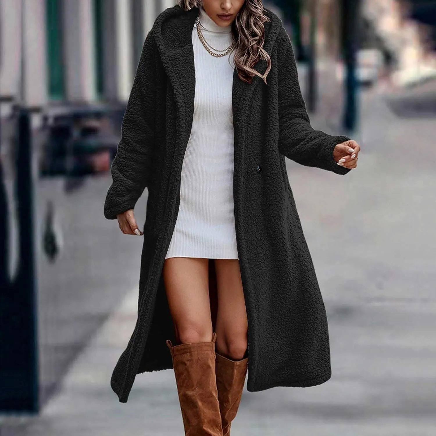 Womens Long Sleeve Jackets Sherpa Lined Solid Color Fuzzy Fleece Open Front Long Jacket Oversized Hooded Cardigan
