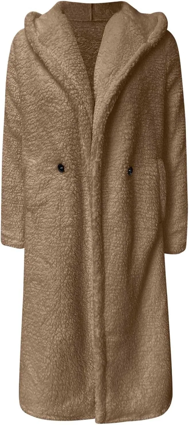 Womens Long Sleeve Jackets Sherpa Lined Solid Color Fuzzy Fleece Open Front Long Jacket Oversized Hooded Cardigan