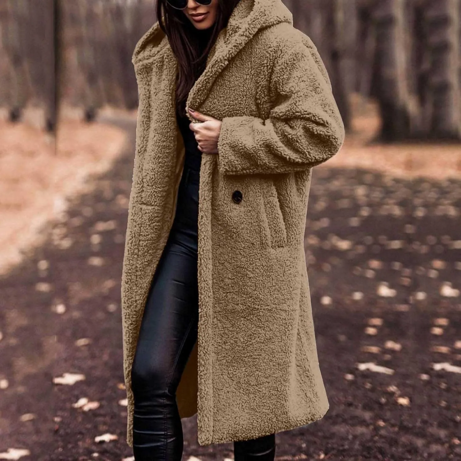 Womens Long Sleeve Jackets Sherpa Lined Solid Color Fuzzy Fleece Open Front Long Jacket Oversized Hooded Cardigan