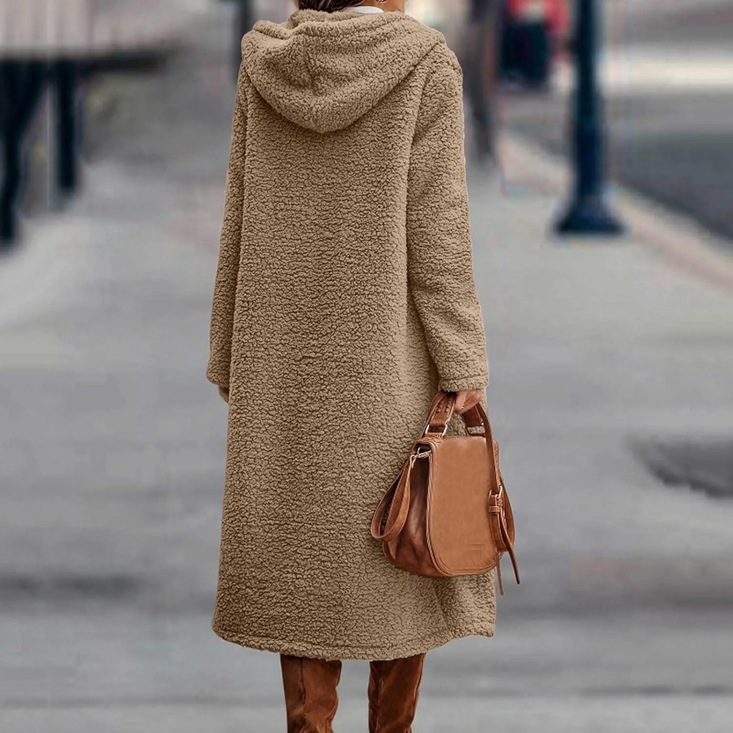 Womens Long Sleeve Jackets Sherpa Lined Solid Color Fuzzy Fleece Open Front Long Jacket Oversized Hooded Cardigan