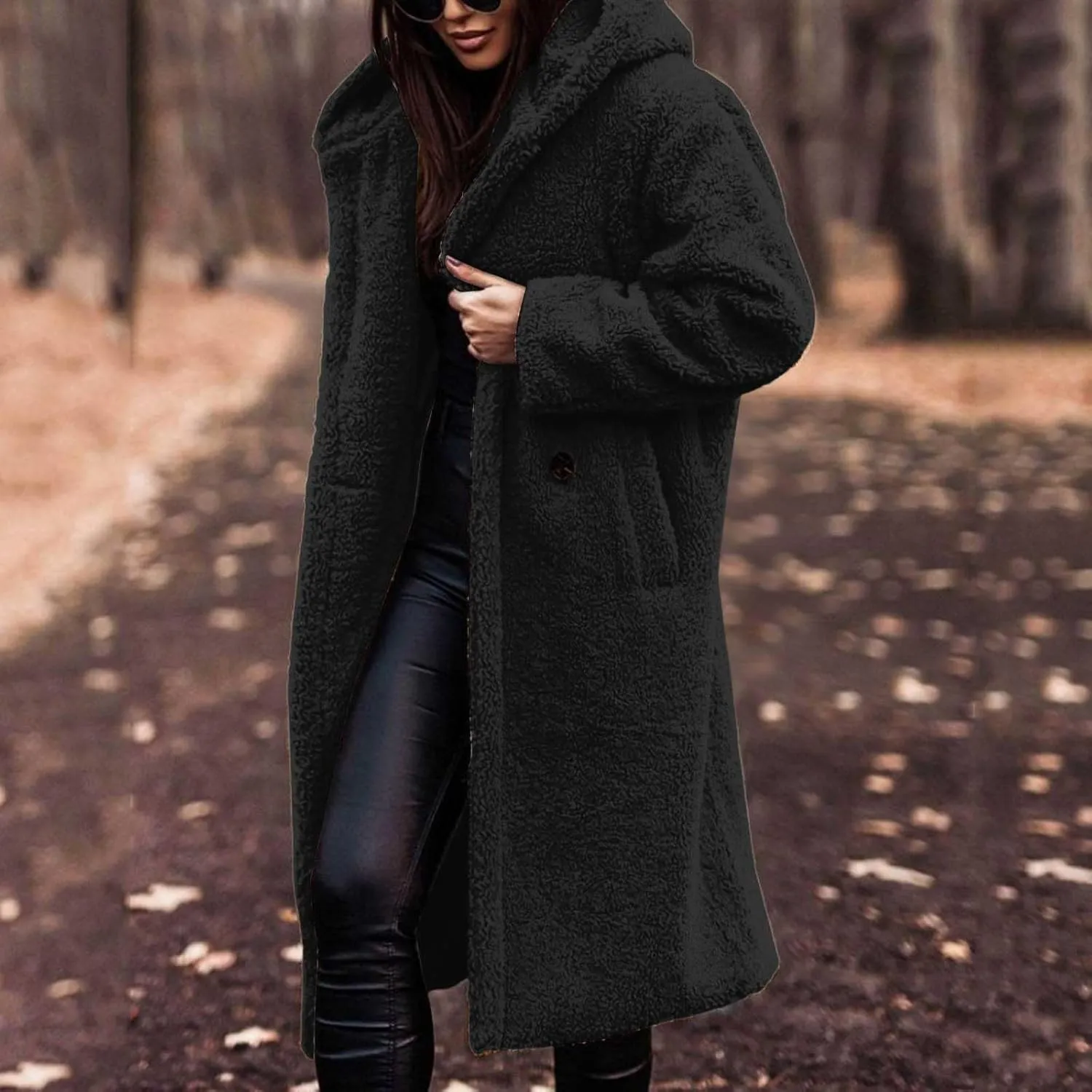 Womens Long Sleeve Jackets Sherpa Lined Solid Color Fuzzy Fleece Open Front Long Jacket Oversized Hooded Cardigan