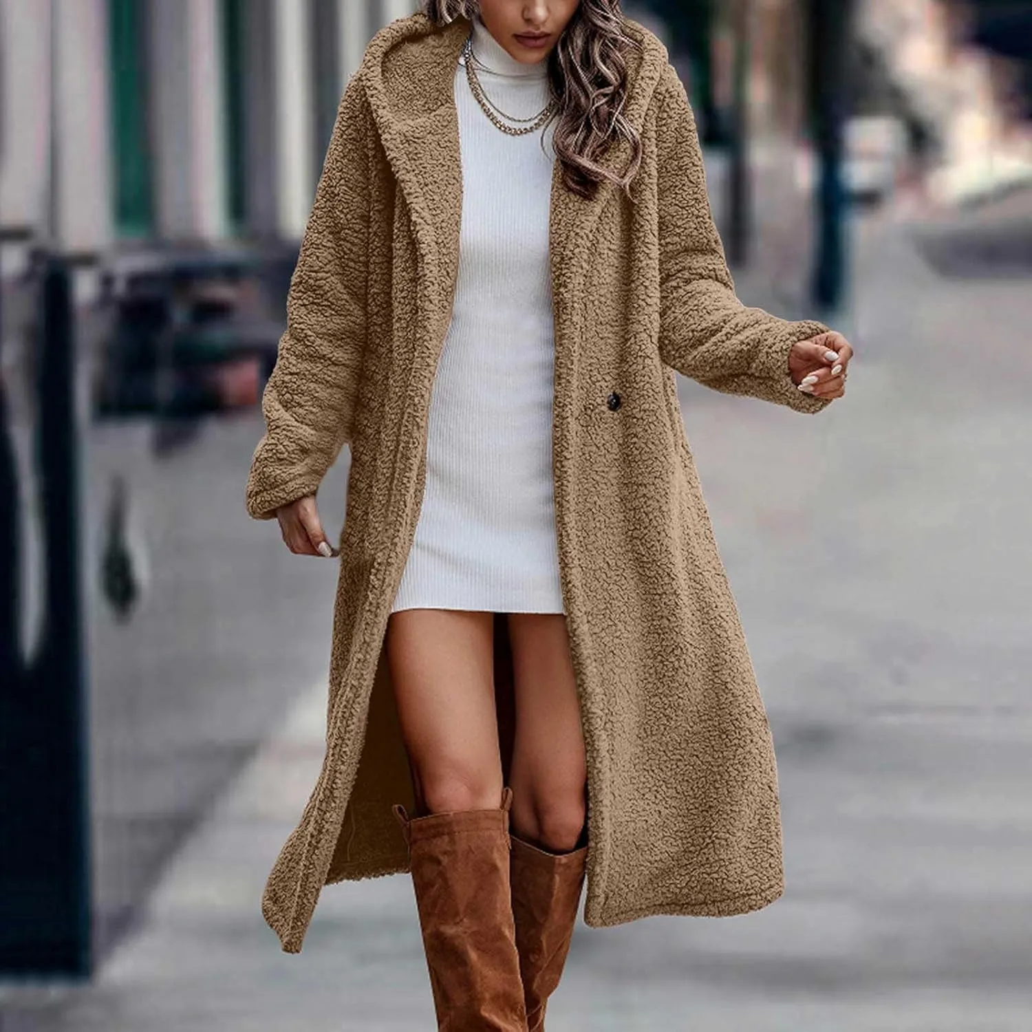 Womens Long Sleeve Jackets Sherpa Lined Solid Color Fuzzy Fleece Open Front Long Jacket Oversized Hooded Cardigan