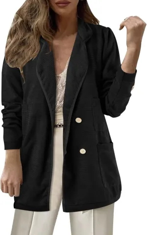 Womens Long Sleeve Lapel Blazers Casual Single Breasted Work Suit Loose Comfy Open Front Cardigans with Pockets 2024