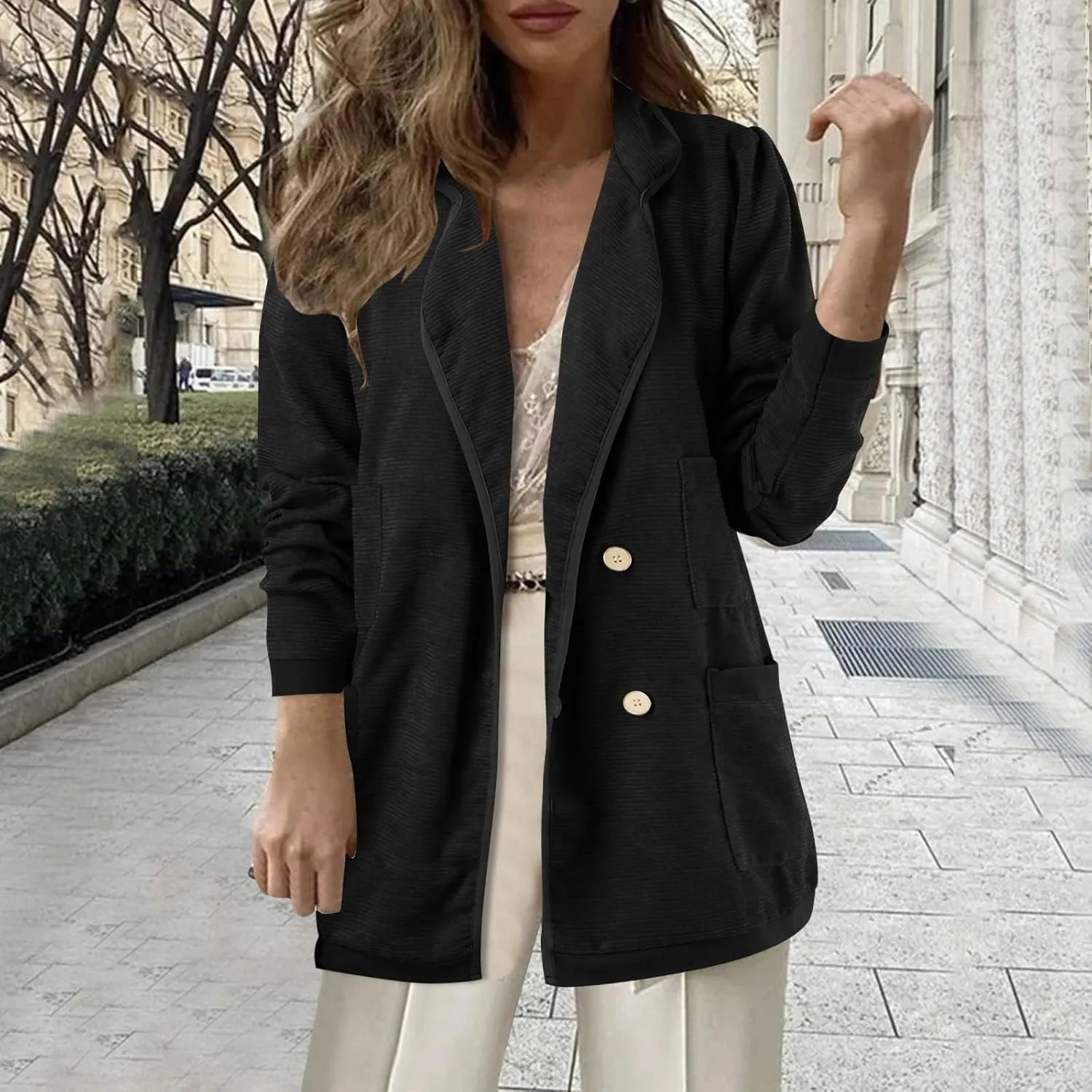 Womens Long Sleeve Lapel Blazers Casual Single Breasted Work Suit Loose Comfy Open Front Cardigans with Pockets 2024