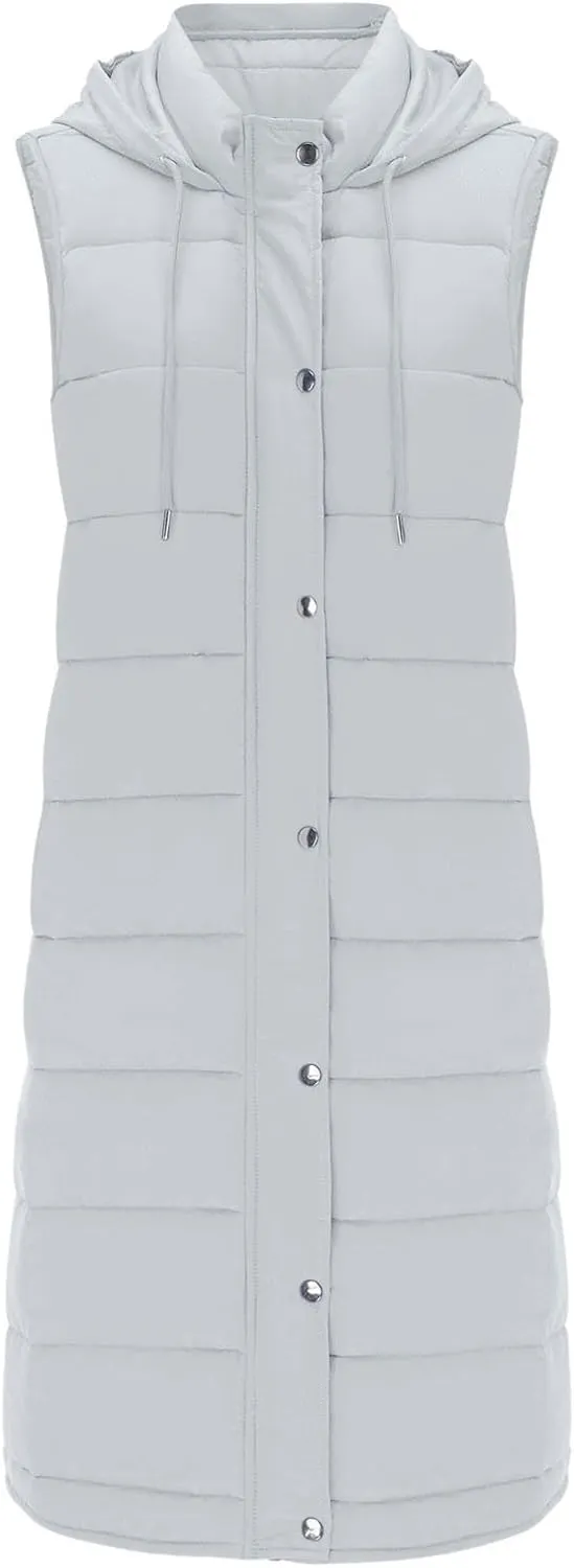 Womens Long Winter Coat Vest With Hood Sleeveless Warm Down Loose Coat With Pockets Quilted Petite Winter Jackets